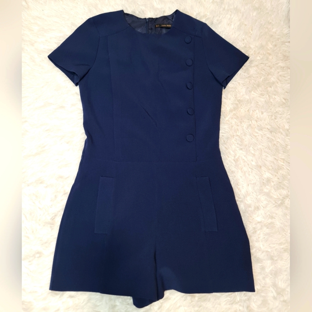 Zara Size Small Navy Blue Playsuit Button Side Short Sleeve